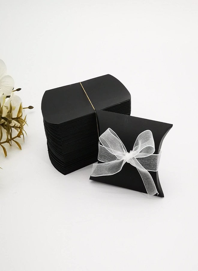 QUUPY 50PCS Black Kraft Paper Pillow Boxes with Ribbons Candy Favor Box Jewelry Packaging Gift Card Holder Soap Packaging Wedding Favors Gift Box for Baby Shower Party - Image 3